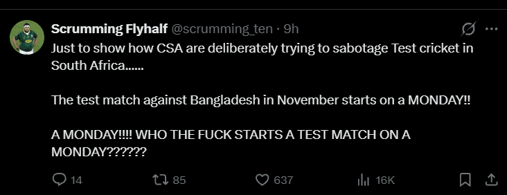 Cricket South Africa Ludicrous Test Dates Monday - Friday?